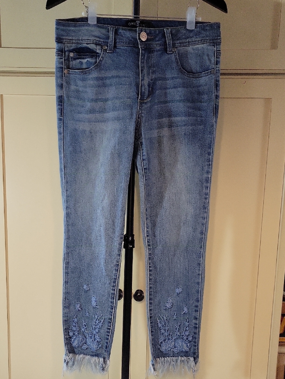 one 5 one Blue Embroidered Ankle Crop Jeans with Frayed Hem